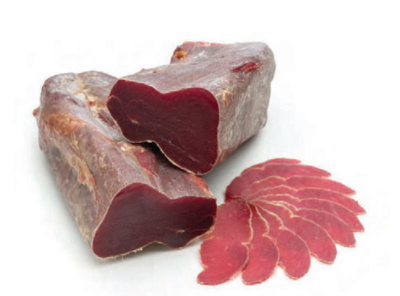 three chopped pieces of beef bresaola