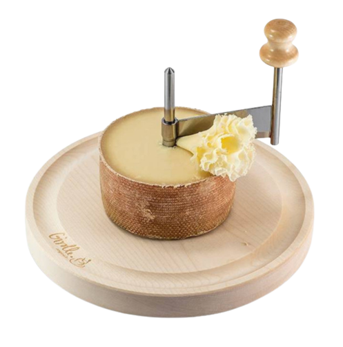 a cheese cutter cutting Tête de Moine cheese on top of a wooden plate